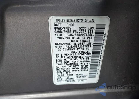 2009 Nissan Murano Le from USA, damaged, VIN JN8AZ18W89W130616